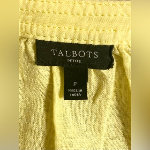 NWOT Talbots Women’s Petite Yellow Linen Tassel Pleated Sleeve Top | Size P - Picture 2 of 9